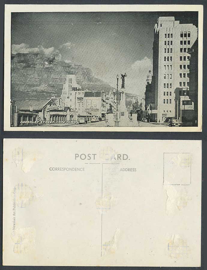 South Africa Old Postcard Adderley Street Scene, Cape Town, Van Riebeek Statue