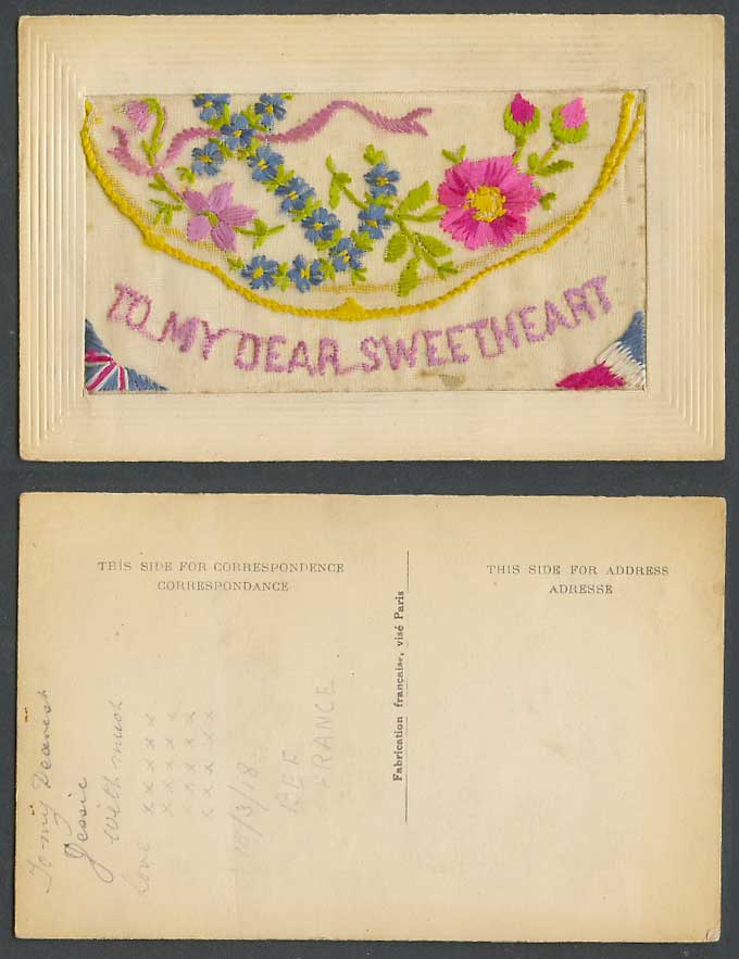 WW1 SILK Embroidered 1918 Old Postcard To My Dear Sweetheart Flower Empty Wallet