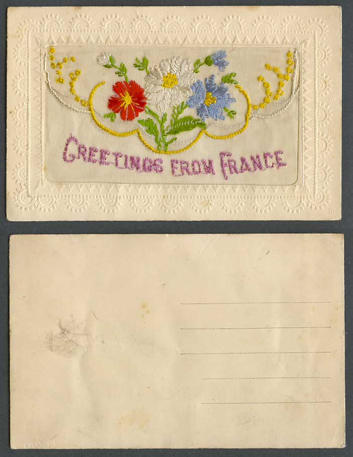 WW1 SILK Embroidered Old Postcard Greetings from France Flowers and Empty Wallet