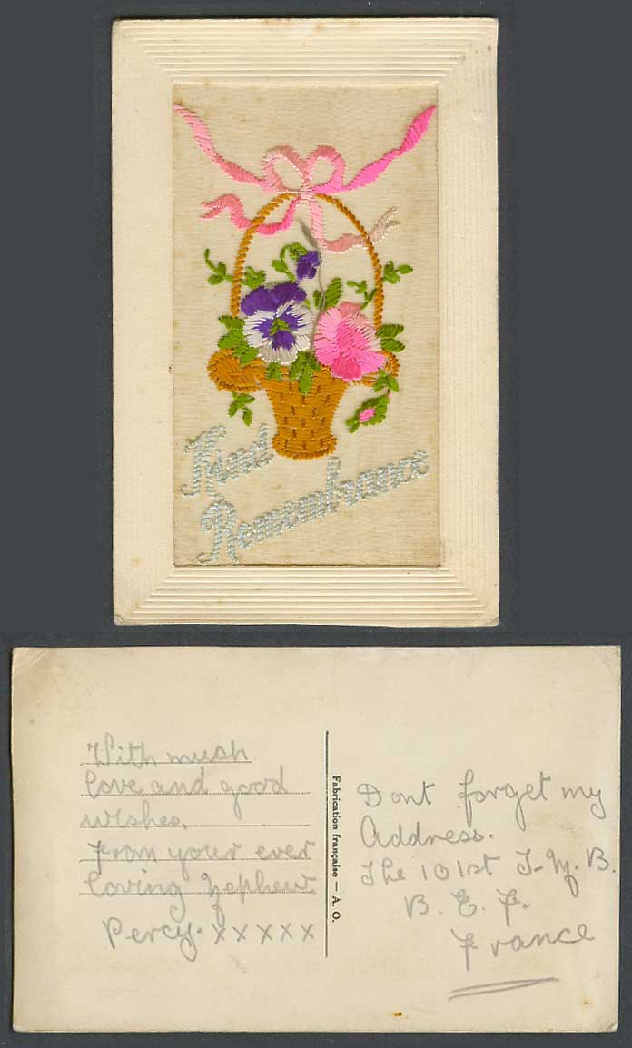 WW1 SILK Embroidered French Old Postcard Kind Remembrance, Pansy Flowers, Basket