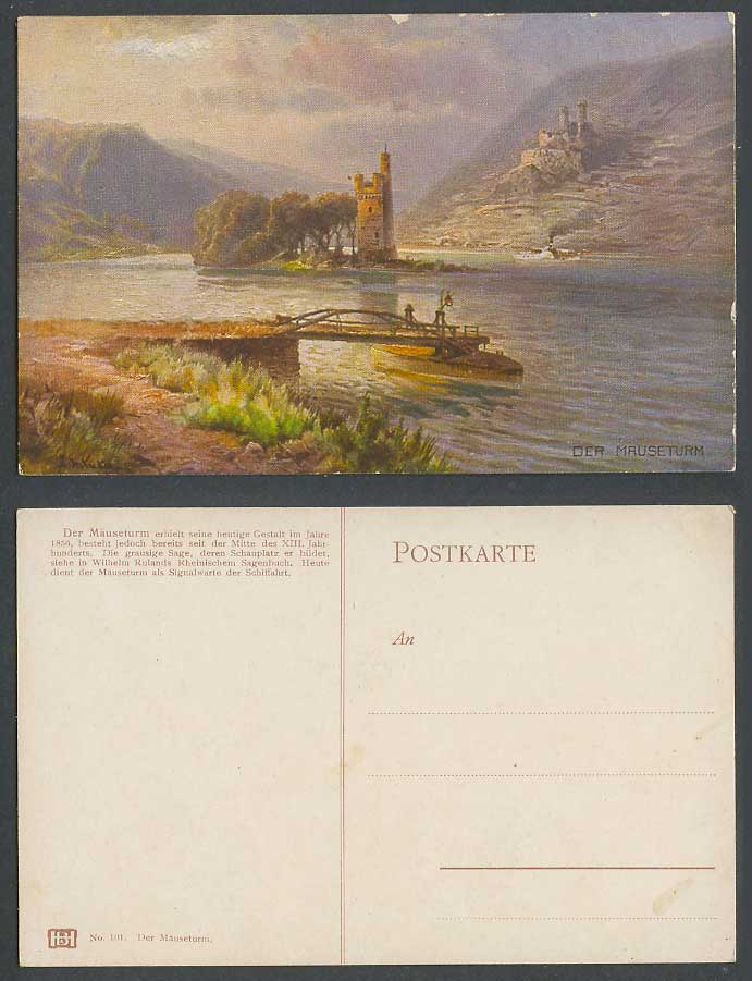 Germany Art Drawn Old Postcard Maeuseturm Mouse Tower, Bridge Rhine River Bingen