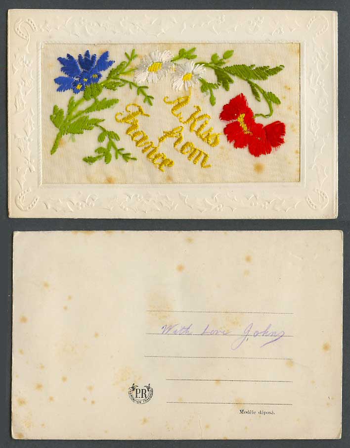 WW1 SILK Embroidered Old Postcard A Kiss from France, Flowers, Novelty Greetings