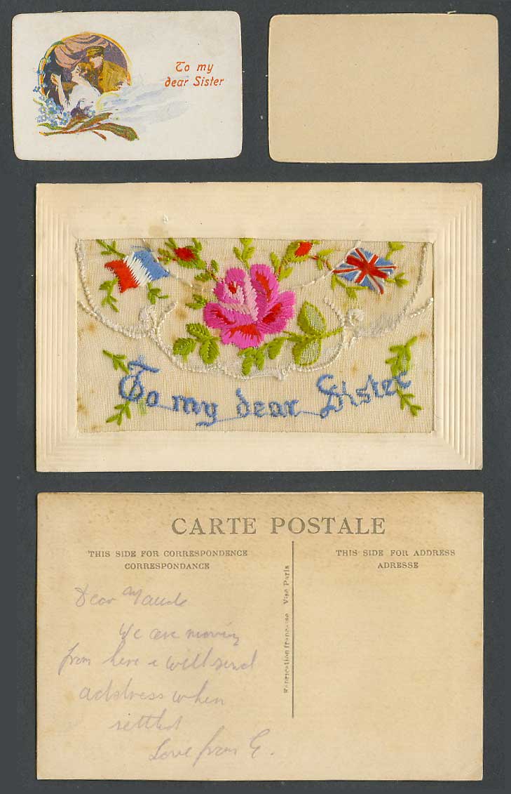 WW1 SILK Embroidered Old Postcard To My Dear Sister Flags Flowers Soldier Wallet