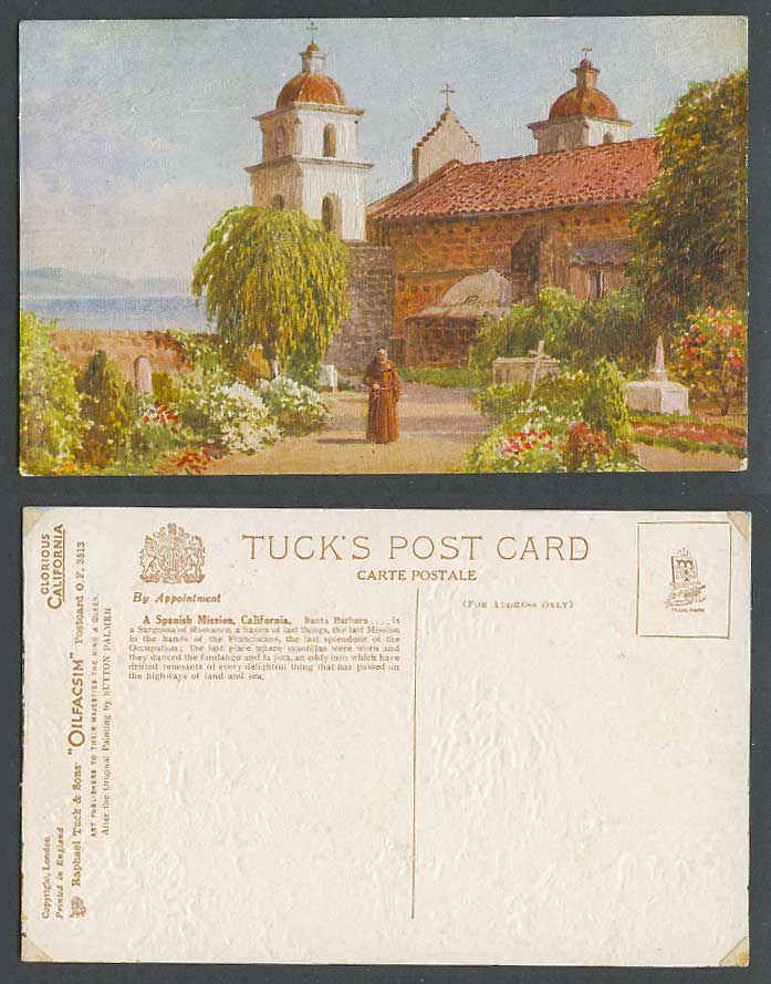 USA Old Tuck's Postcard A Spanish Mission California, Church Garden Priest Cross