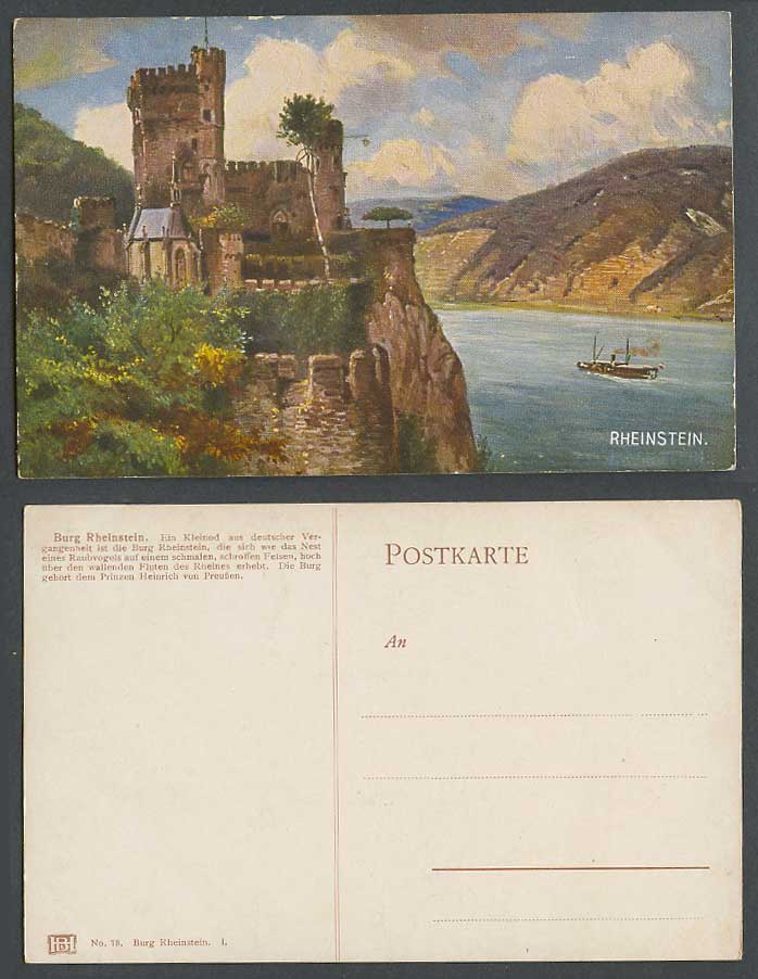 Germany Art Drawn Old Postcard Burg Rheinstein Castle Rhine River Prussia Prince