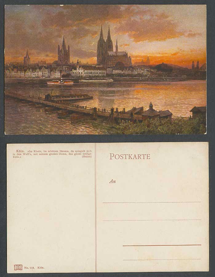 Germany Old Artist Drawn Postcard Cologne Cathedral, Bridge, Rhine River, Sunset