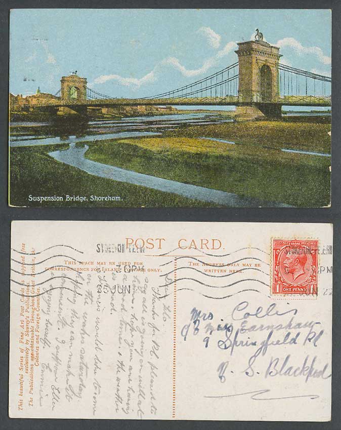 Shoreham Suspension Bridge over River Adur Norfolk KG1d 1922 Old Colour Postcard