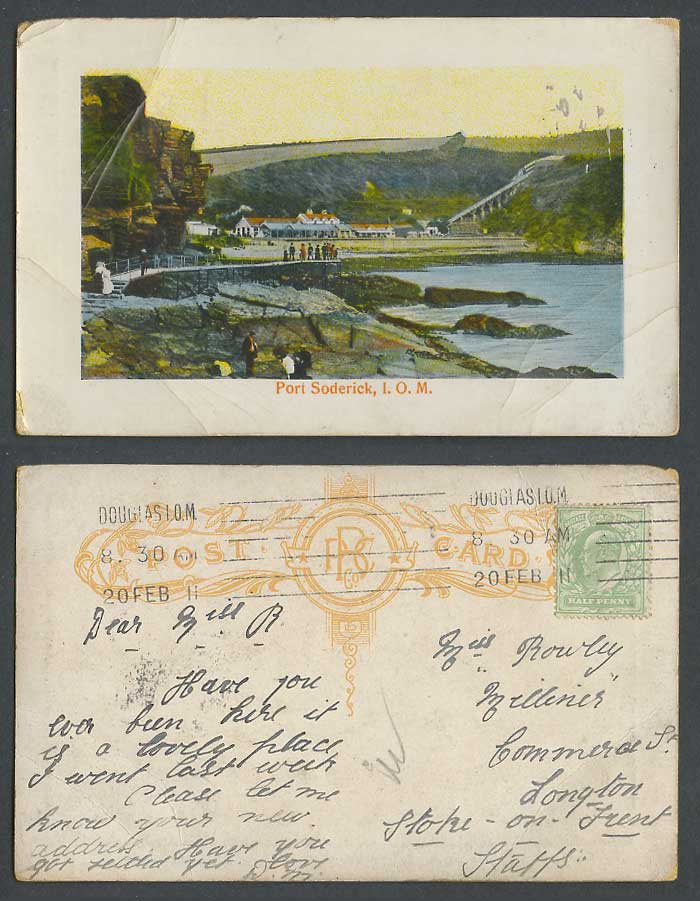 Isle of Man 1911 Old Colour Postcard Port Soderick, Beach Bridge Funicular Rails