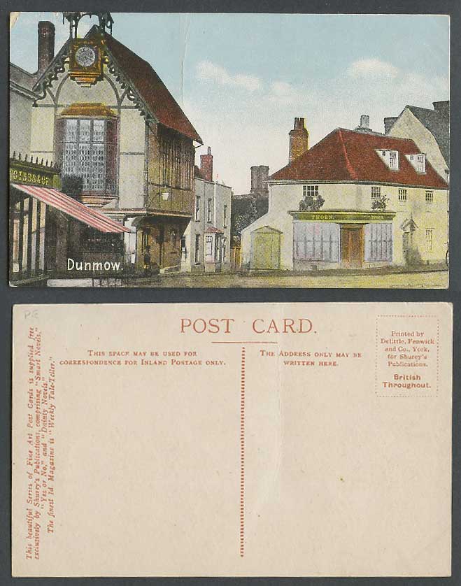Dunmow Essex Old Colour Postcard Building with Thron, Clock, Gibbs & Co Shurey's