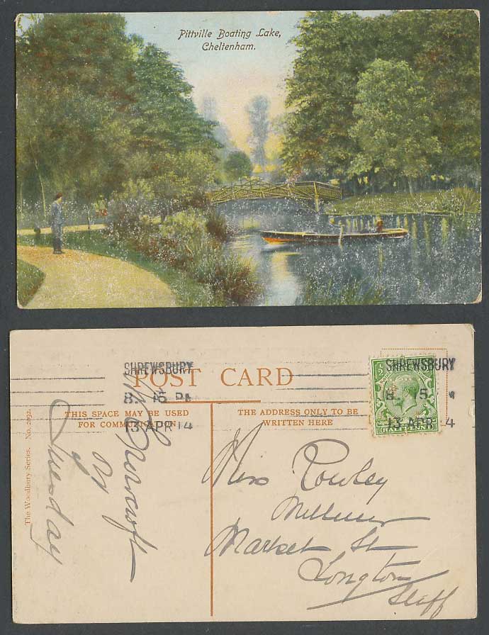 Cheltenham, Pittville Boating Lake, Bridge Boating Boat 1914 Old Colour Postcard