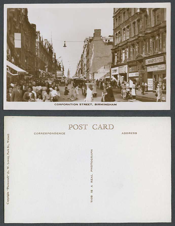 Birmingham Old Real Photo Postcard Corporation Street Scene Bus Canadian Fur Co.