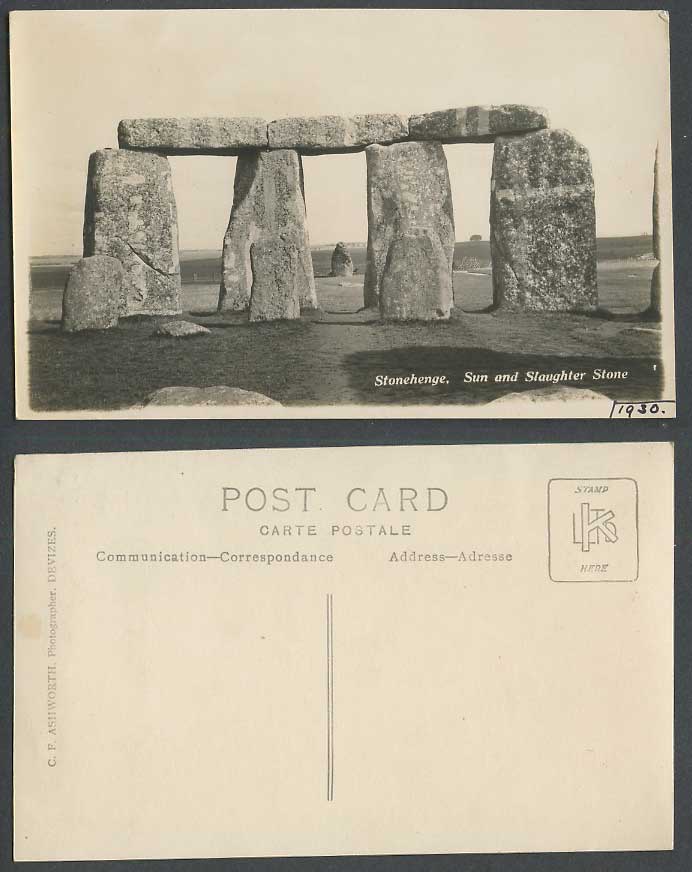 Stonehenge Sun and Slaughter Stone, Salisbury Plain 1930 Old Real Photo Postcard