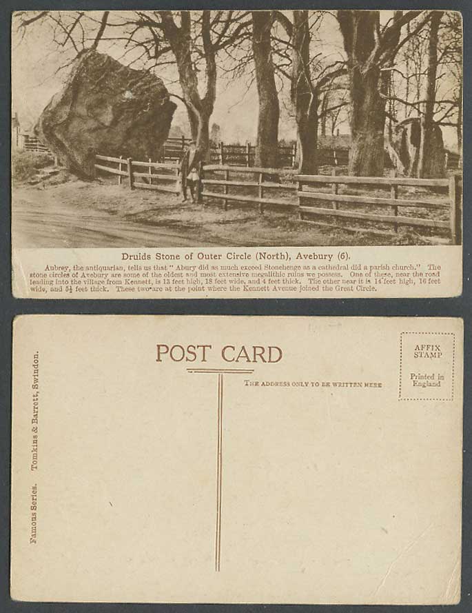 Avebury Druids Stone of Outer Circle North, Kennett Ave. Wiltshire Old Postcard