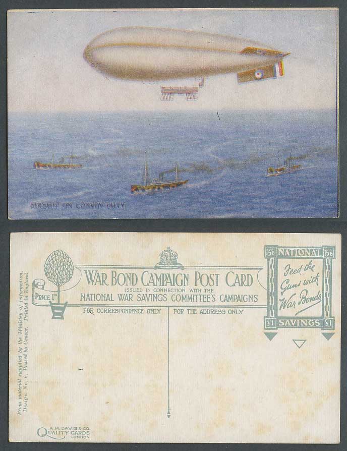 WW1 Zeppelin Airship on Convoy Duty War Bond Campaign Ship Military Old Postcard
