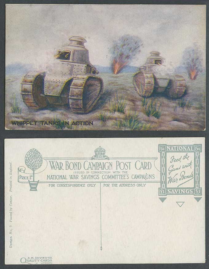 WW1, Whippet Tanks in Action War Bond Campaign Battlefield Military Old Postcard