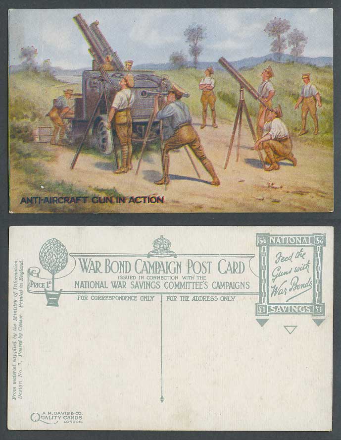 WW1 Anti-Aircraft Gun in Action Military Soldiers War Bond Campaign Old Postcard