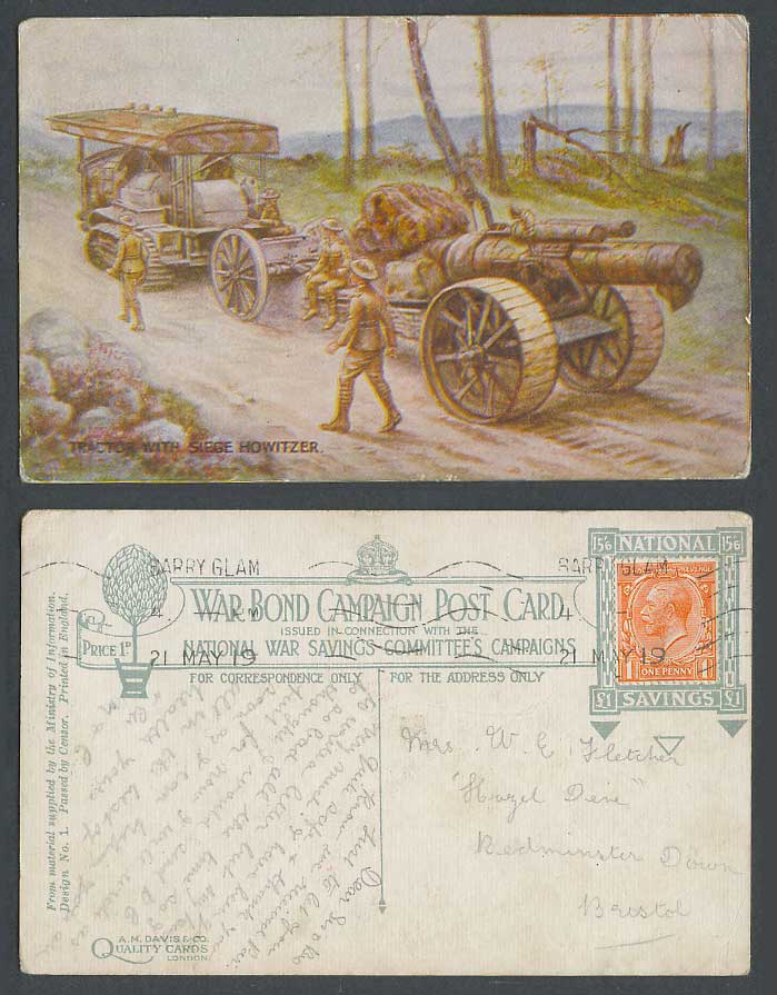 WW1 Censored 1919 Old Postcard TRACTOR with SIEGE HOWITZER Soldiers Military