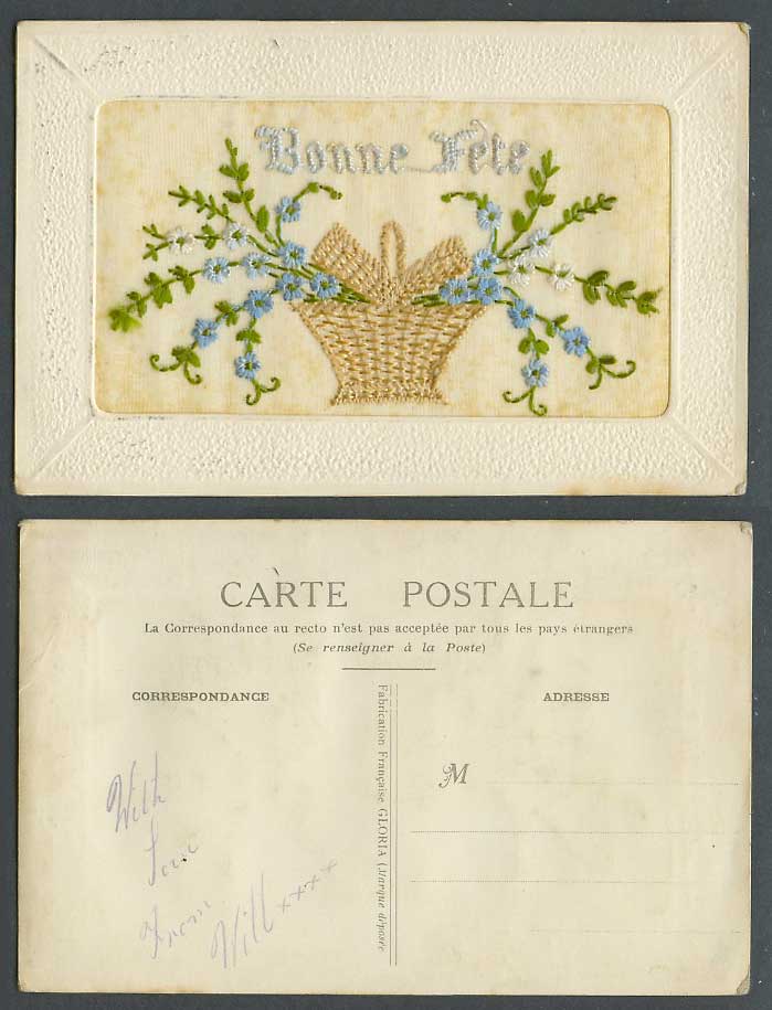 WW1 SILK Embroidered Old Postcard Bonne Fete Happy Holiday Flowers Basket Gloria