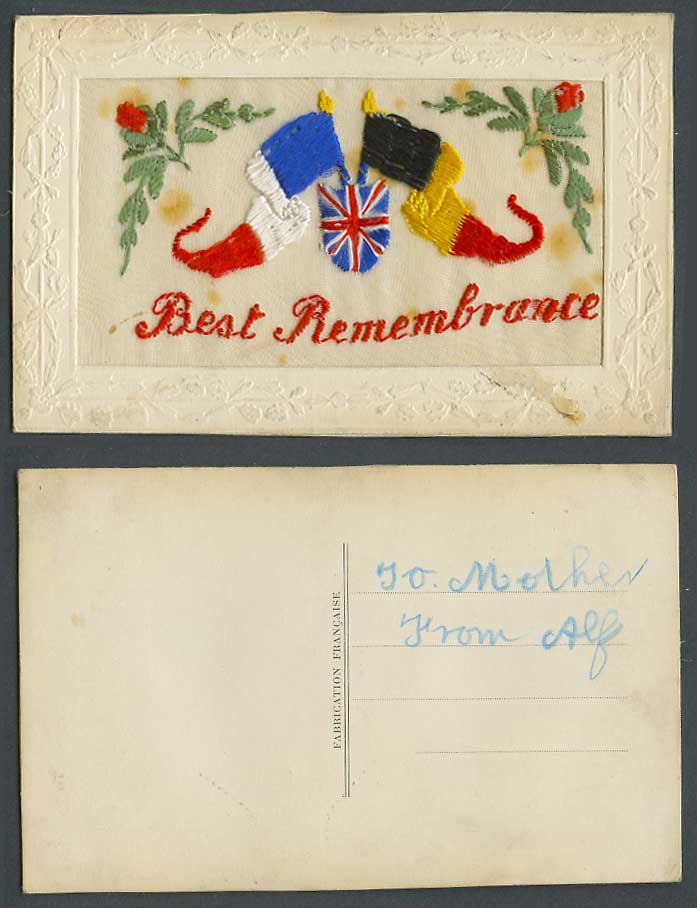 WW1 SILK Embroidered Old Postcard Best Remembrance, Flags, Flowers, Coat of Arms