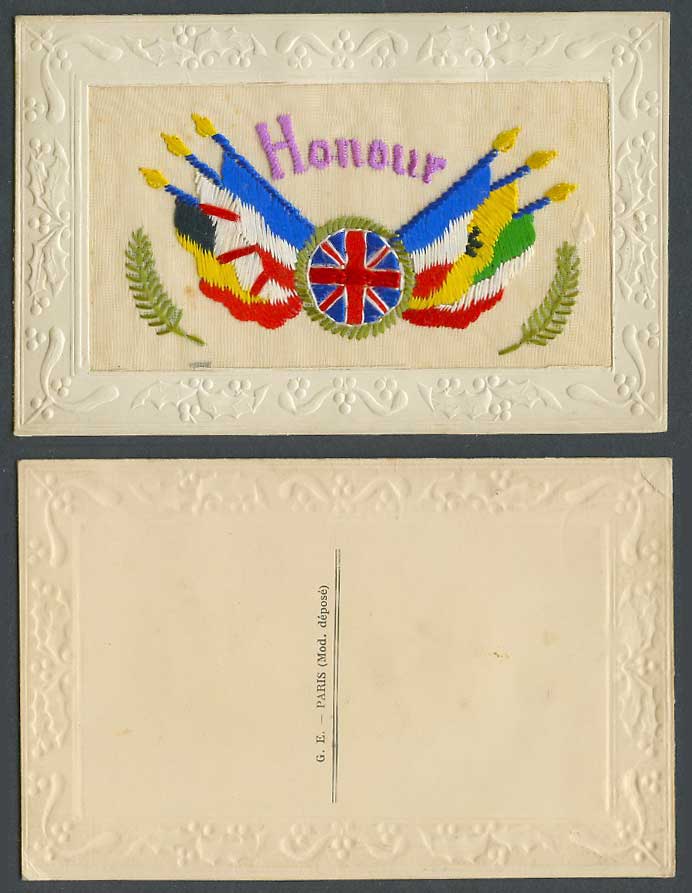 WW1 SILK Embroidered Old Postcard Honour Flags Coat of Arms Novelty Military G.E
