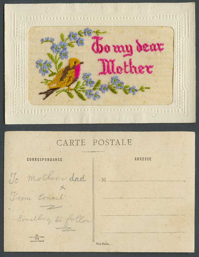 WW1 SILK Embroidered Old Postcard To My Dear Mother, Bird Blue Flowers Greetings