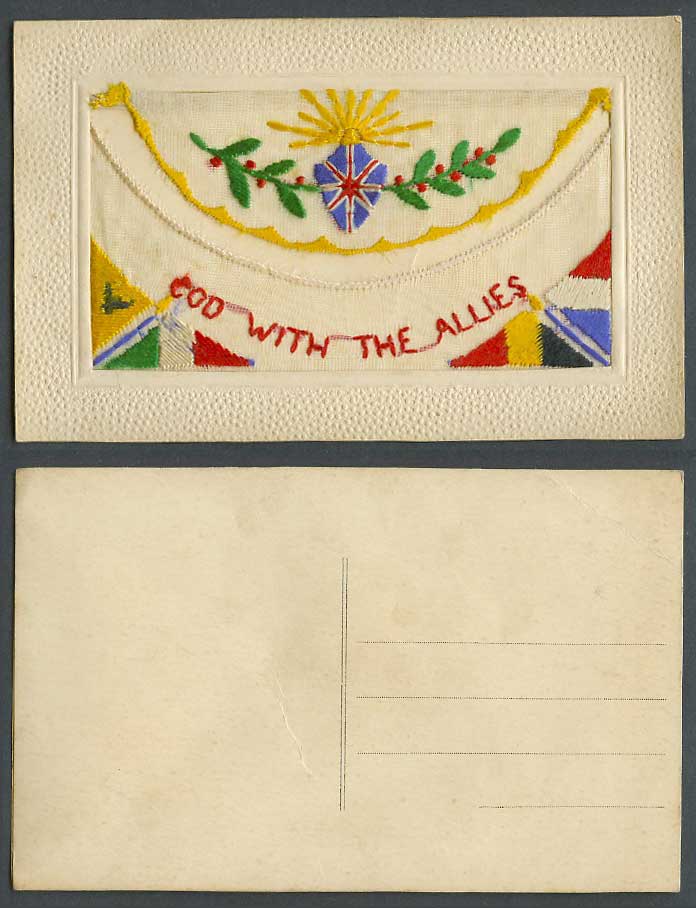 WW1 SILK Embroidered Old Postcard God With The Allies Sun Ray Flags Empty Wallet