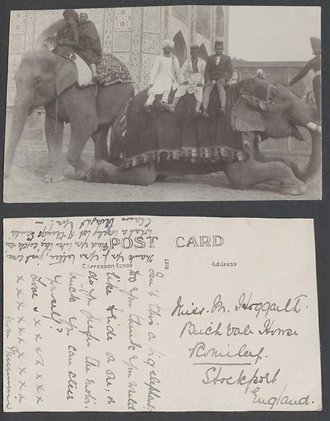 India 1922 Old Real Photo Postcard Elephants Native Elephant Riders, Fort Palace