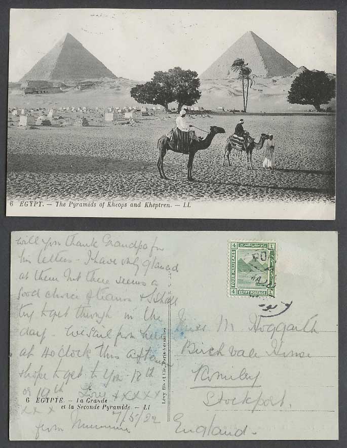 Egypt 4m 1922 Old Postcard Pyramids Kheops & Kheptren Camels Camel Riders L.L. 6