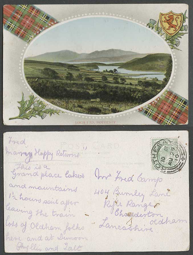Loch Fad, Rothesay, Lake Hills Mountains Panorama Coat of Arms 1910 Old Postcard