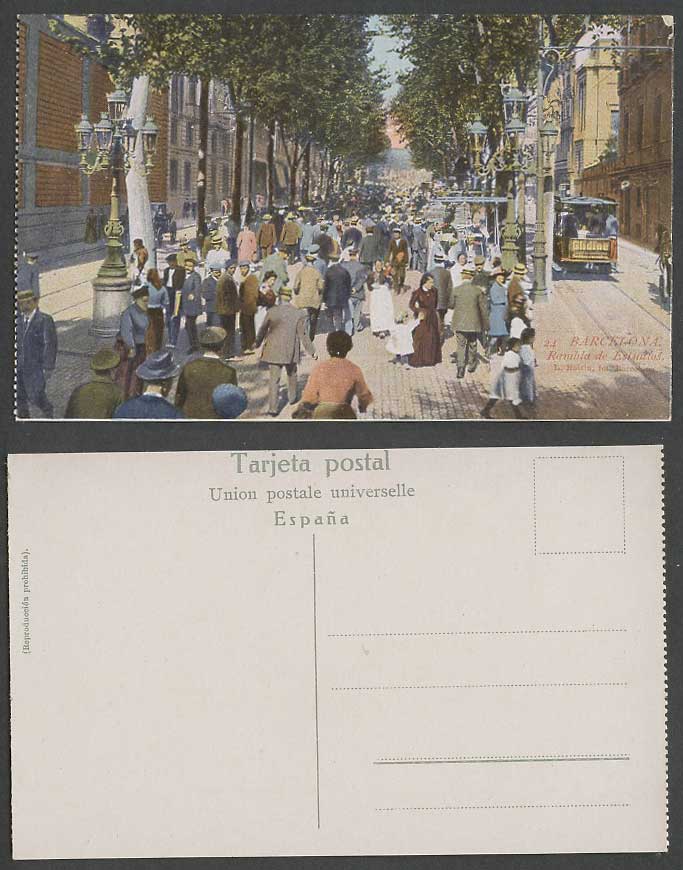 Spain Barcelona Old Colour Postcard Rambla de Estudios TRAM Tramway Street Scene