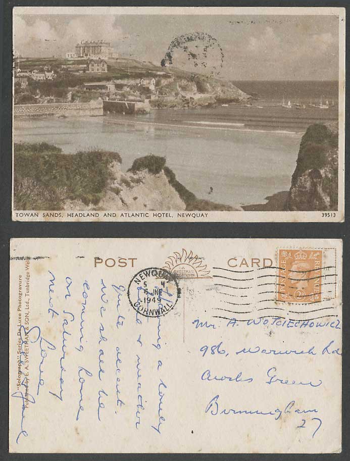 Towan Sands Headland Atlantic Hotel Newquay 1949 Old Hand Tinted Postcard Yachts
