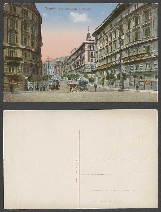 Italy Old Colour Postcard Naples Napoli Via Guglielmo S. Felice Street Bank TRAM