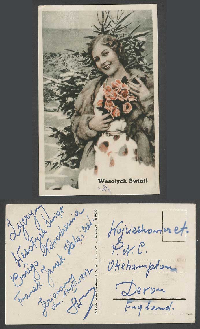 Poland Polish Girl Woman Lady Flower Snow Wesolych Swiat Merry Xmas Old Postcard