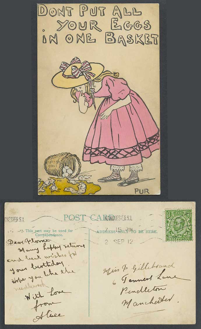 PUR 1912 Old Postcard Don't Put All Your Eggs in One Basket, Broken Eggs, Girl