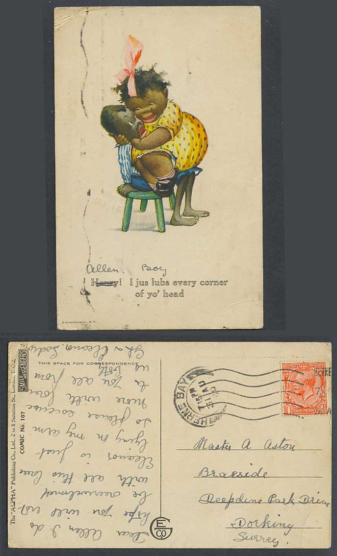 Black Girl Sitting on Boy's Lap I lubs every corner of yo head 1930 Old Postcard