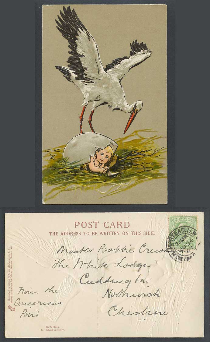 Stork Bird, Baby Child in Broken Egg 1907 Old Embossed Postcard Art Artist Drawn