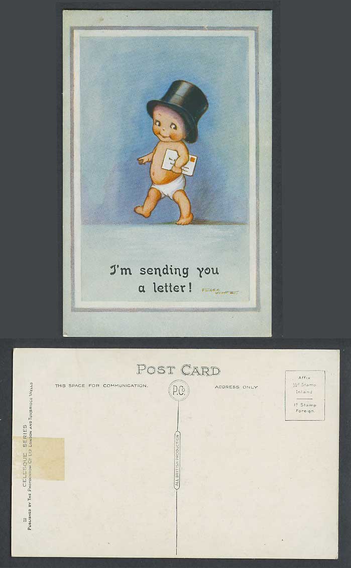 Flora White Artist Signed Old Postcard I'm Sending You A Letter, Baby Hat, Comic