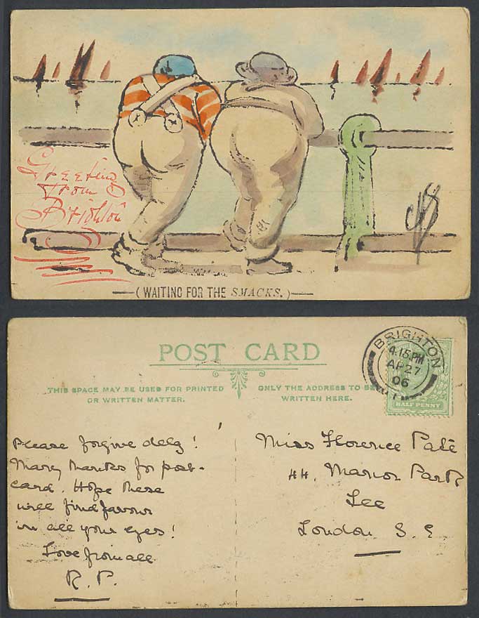 CHS. 2 Men Waiting for The Smacks. Boats Brighton 1906 Old Hand Painted Postcard