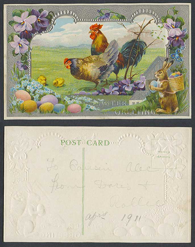 Rooster Bird Chick Rabbit Bunny Egg Basket Easter Greeting Old Embossed Postcard