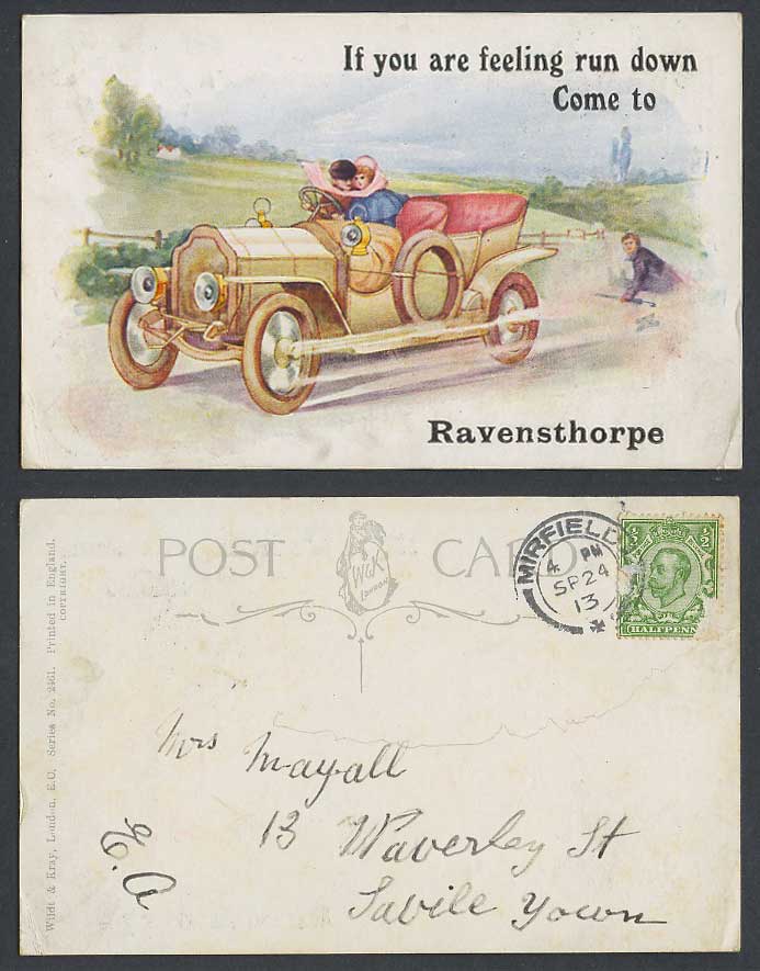 Motor Car, If You Feel Run Down Come to Ravensthorpe Yorkshire 1913 Old Postcard