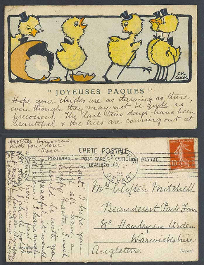 CK Cook 10c 1909 Old Postcard Chicks Bird Birds Egg Happy Easter Joyeuses Paques