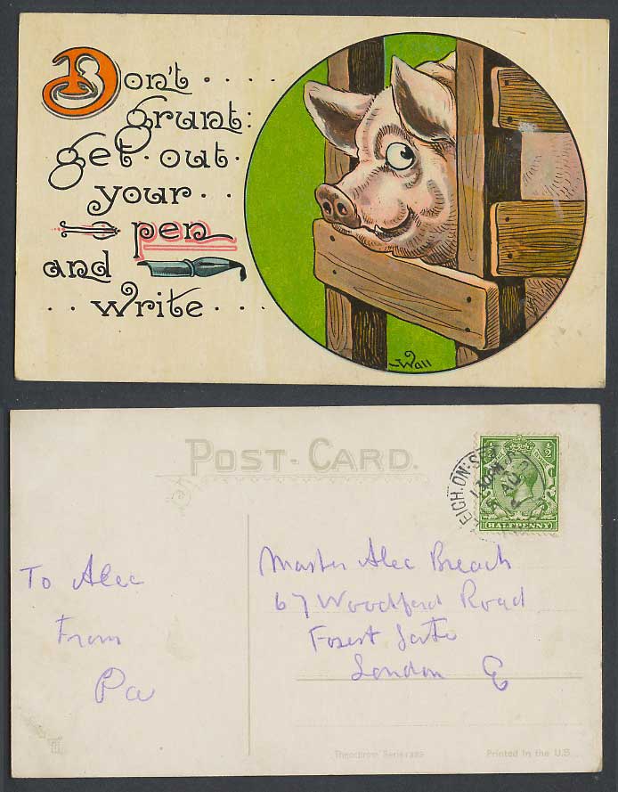 Pig Piglet Comic Humour Don't grunt get out your pen and white 1914 Old Postcard