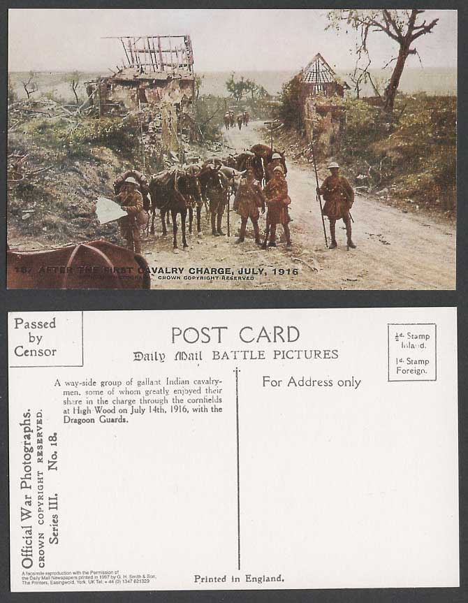WW1 Repro Postcard AFTER FIRST CAVALRY CHARGE July 1916 Horses Indian Cavalrymen