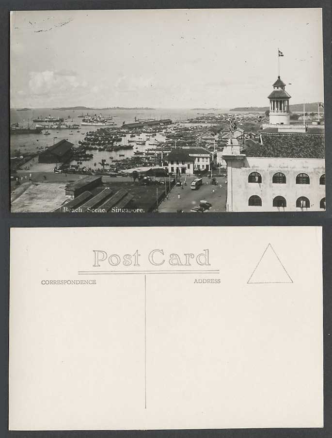 Singapore Old Real Photo Postcard Beach Scene, Ships Boats Harbour, Street, TRAM