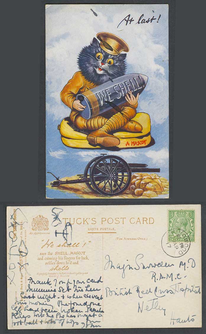 LOUIS WAIN Artist Signed Cat, At Last We Shell A Mascot 1917 Old Tuck's Postcard