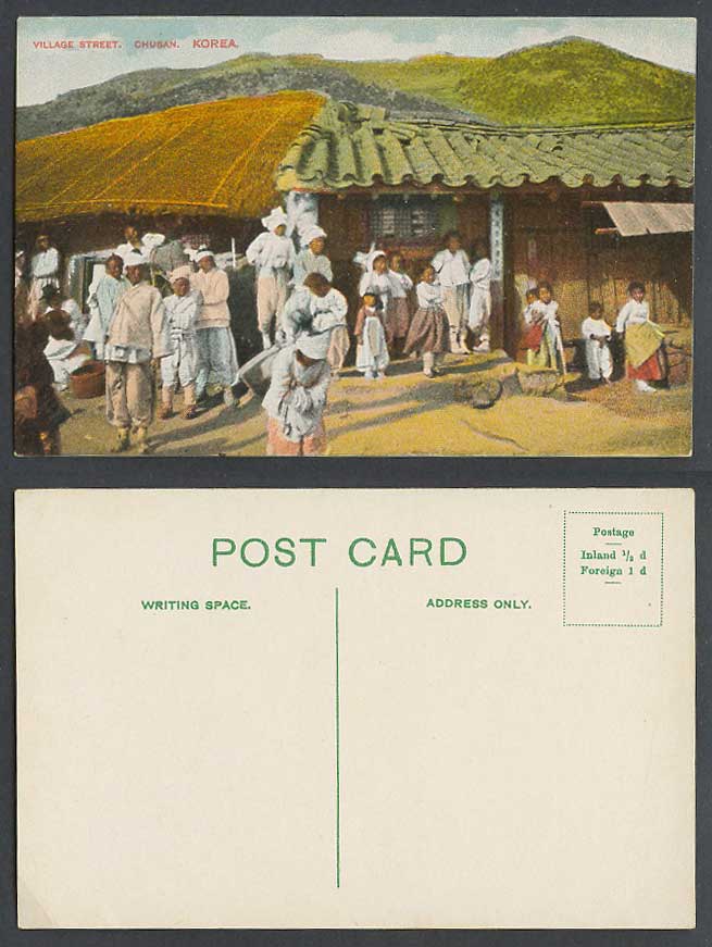 Korea Old Colour Postcard Village Street CHUSAN, Korean Children & Native Houses
