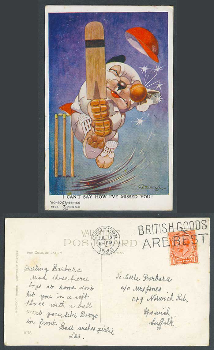 BONZO DOG GE Studdy 1926 Old Postcard Cricket Can't Say How I've Missed You 1078