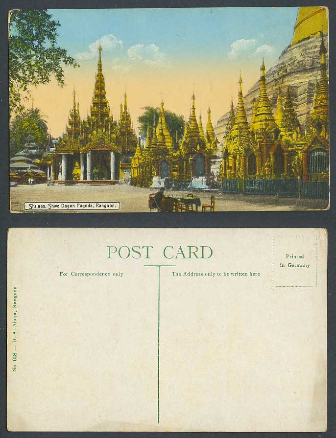 Burma Old Postcard Shrines Shwe Dagon Pagoda Rangoon Temple Table and Chairs 608