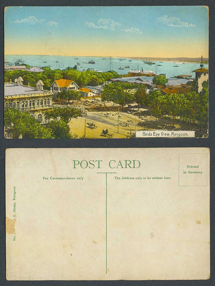 Burma Old Colour Postcard Rangoon Bird's Eye View Harbour Ships Boats and Street