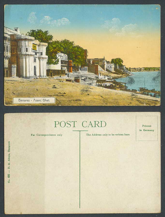 India Old Colour Postcard Benares, Assec Ghat, River Scene Boats Steps Panorama